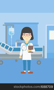 An asian friendly doctor holding a file in hospital ward . Smiling female doctor with stetoscope carrying folder of patient or medical information. Vector flat design illustration. Vertical layout.. Doctor with file vector illustration.