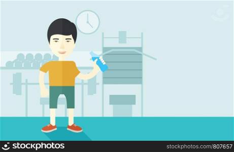 An asian gentleman drinking water in the gym vector flat design illustration. Healthy, fitness concept. Horizontal layout with a text space for a social media post.. Man drinking water.