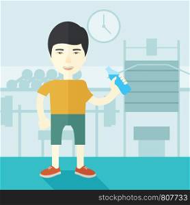 An asian gentleman drinking water in the gym vector flat design illustration. Healthy, fitness concept. Square layout.. Man drinking water.