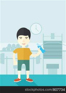 An asian gentleman drinking water in the gym vector flat design illustration. Healthy, fitness concept. Vertical poster layout with a text space.. Man drinking water.