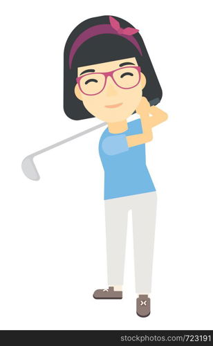 An asian golf player hitting the ball vector flat design illustration isolated on white background.. Golf player hitting the ball.