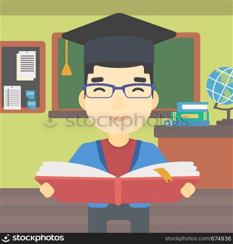 An asian graduate in graduation cap with an open book in hands. Young man reading book on the background of classroom. Vector flat design illustration. Square layout.. Graduate with book in hands vector illustration.