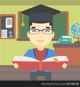 An asian graduate in graduation cap with an open book in hands. Young man reading book on the background of classroom. Vector flat design illustration. Square layout.. Graduate with book in hands vector illustration.