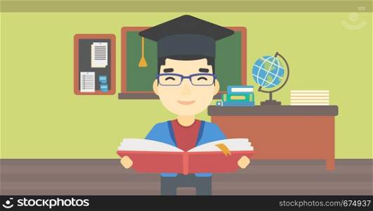An asian graduate in graduation cap with an open book in hands. Young man reading book on the background of classroom. Vector flat design illustration. Horizontal layout.. Graduate with book in hands vector illustration.