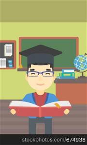 An asian graduate in graduation cap with an open book in hands. Young man reading book on the background of classroom. Vector flat design illustration. Vertical layout.. Graduate with book in hands vector illustration.