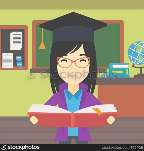 An asian graduate in graduation cap with an open book in hands. Young woman reading book on the background of classroom. Vector flat design illustration. Square layout.. Graduate with book in hands vector illustration.