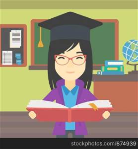 An asian graduate in graduation cap with an open book in hands. Young woman reading book on the background of classroom. Vector flat design illustration. Square layout.. Graduate with book in hands vector illustration.