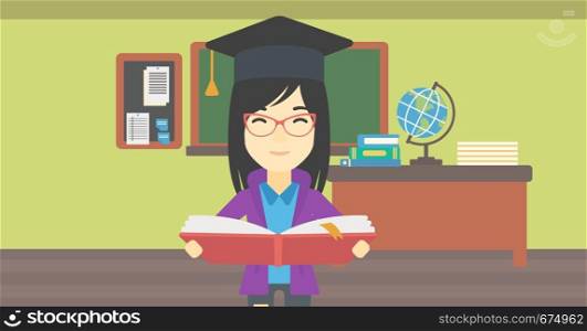 An asian graduate in graduation cap with an open book in hands. Young woman reading book on the background of classroom. Vector flat design illustration. Horizontal layout.. Graduate with book in hands vector illustration.