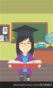 An asian graduate in graduation cap with an open book in hands. Young woman reading book on the background of classroom. Vector flat design illustration. Vertical layout.. Graduate with book in hands vector illustration.