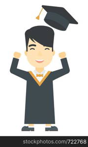 An asian graduate throwing up his hat vector flat design illustration isolated on white background. Vertical layout.. Graduate throwing up his hat.