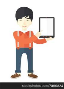 An asian guy holding a digital tablet use for his business. A Contemporary style. Vector flat design illustration isolated white background. Vertical layout. Asian guy holding a digital tablet.