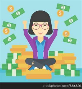 An asian happy business woman with raised hands sitting on golden coins and money flying around. Successful business concept. Vector flat design illustration. Square layout.. Happy business woman sitting on coins.