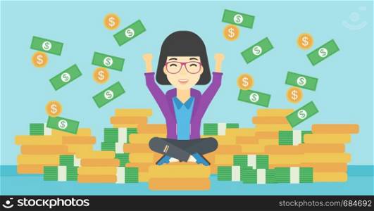 An asian happy business woman with raised hands sitting on golden coins and money flying around. Successful business concept. Vector flat design illustration. Horizontal layout.. Happy business woman sitting on coins.