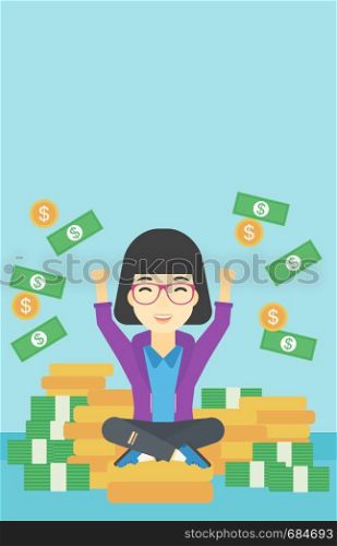 An asian happy business woman with raised hands sitting on golden coins and money flying around. Successful business concept. Vector flat design illustration. Vertical layout.. Happy business woman sitting on coins.