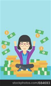 An asian happy business woman with raised hands sitting on golden coins and money flying around. Successful business concept. Vector flat design illustration. Vertical layout.. Happy business woman sitting on coins.