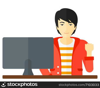 An asian happy businessman expressing great satisfaction while looking at computer monitor vector flat design illustration isolated on white background. . Cheerful successful man.
