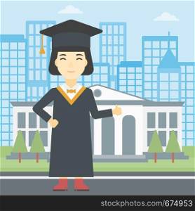 An asian happy graduate in cloak and graduation cap. A female graduate giving thumb up. Graduate celebrating on a background of educational building. Vector flat design illustration. Square layout.. Graduate giving thumb up vector illustration.