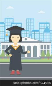 An asian happy graduate in cloak and graduation cap. A female graduate giving thumb up. Graduate celebrating on a background of educational building. Vector flat design illustration. Vertical layout.. Graduate giving thumb up vector illustration.