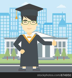 An asian happy graduate in cloak and graduation cap. A graduate giving thumb up. Graduate celebrating on a background of educational building. Vector flat design illustration. Square layout.. Graduate giving thumb up vector illustration.