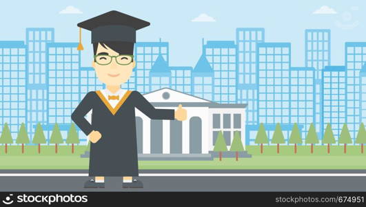 An asian happy graduate in cloak and graduation cap. A graduate giving thumb up. Graduate celebrating on a background of educational building. Vector flat design illustration. Horizontal layout.. Graduate giving thumb up vector illustration.