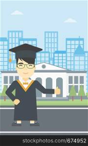 An asian happy graduate in cloak and graduation cap. A graduate giving thumb up. Graduate celebrating on a background of educational building. Vector flat design illustration. Vertical layout.. Graduate giving thumb up vector illustration.