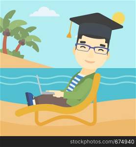An asian happy graduate lying in chaise long. Young man in graduation cap working on laptop. Graduate on a beach. Vector flat design illustration. Square layout.. Graduate lying in chaise lounge with laptop.