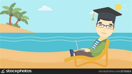 An asian happy graduate lying in chaise long. Young man in graduation cap working on laptop. Graduate on a beach. Vector flat design illustration. Horizontal layout.. Graduate lying in chaise lounge with laptop.