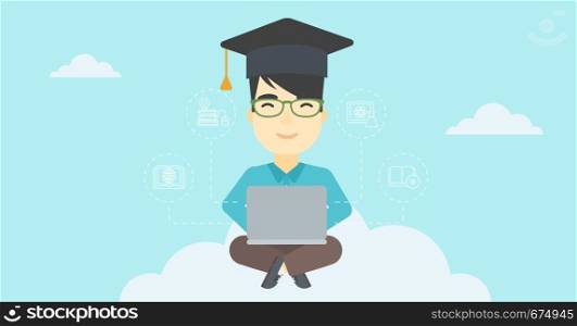 An asian happy graduate sitting on the cloud. Graduate working on laptop. Education technology and graduation concept. Vector flat design illustration. Horizontal layout.. Graduate sitting on cloud vector illustration.