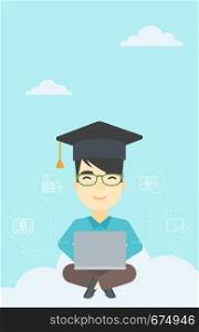 An asian happy graduate sitting on the cloud. Graduate working on laptop. Education technology and graduation concept. Vector flat design illustration. Vertical layout.. Graduate sitting on cloud vector illustration.