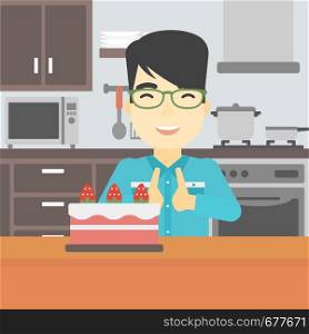An asian happy man looking with passion at a big cake. An excited man standing in front of cake in the kitchen. Man craving delicious cake. Vector flat design illustration. Square layout.. Man looking at cake with temptation.