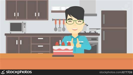 An asian happy man looking with passion at a big cake. An excited man standing in front of cake in the kitchen. Man craving delicious cake. Vector flat design illustration. Horizontal layout.. Man looking at cake with temptation.