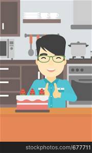 An asian happy man looking with passion at a big cake. An excited man standing in front of cake in the kitchen. Man craving delicious cake. Vector flat design illustration. Vertical layout.. Man looking at cake with temptation.