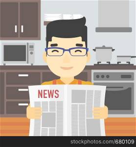 An asian happy man reading the newspaper. Young smiling man reading good news. Man with newspaper in hands on the background of kitchen. Vector flat design illustration. Square layout.. Man reading newspaper vector illustration.