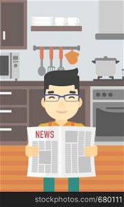 An asian happy man reading the newspaper. Young smiling man reading good news. Man with newspaper in hands on the background of kitchen. Vector flat design illustration. Vertical layout.. Man reading newspaper vector illustration.