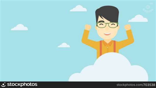 An asian happy man with raised hands sitting on a cloud on the background of blue sky. Cloud computing concept. Vector flat design illustration. Horizontal layout.. Man sitting on cloud vector illustration.