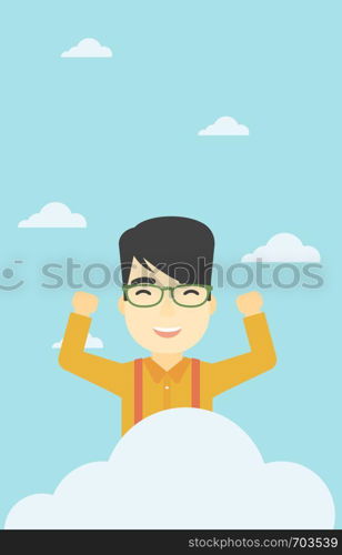 An asian happy man with raised hands sitting on a cloud on the background of blue sky. Cloud computing concept. Vector flat design illustration. Vertical layout.. Man sitting on cloud vector illustration.