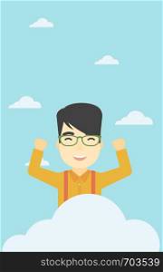 An asian happy man with raised hands sitting on a cloud on the background of blue sky. Cloud computing concept. Vector flat design illustration. Vertical layout.. Man sitting on cloud vector illustration.