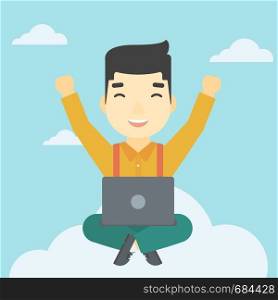 An asian happy man with raised hands sitting on a cloud with a laptop. Vector flat design illustration. Square layout.. Man on cloud with laptop vector illustration.