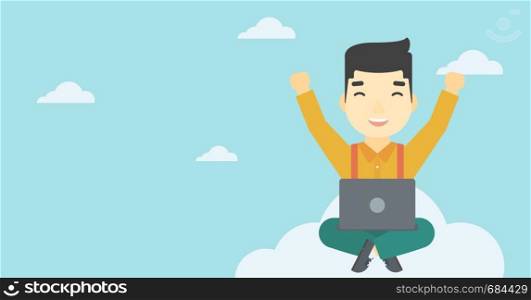 An asian happy man with raised hands sitting on a cloud with a laptop. Vector flat design illustration. Horizontal layout.. Man on cloud with laptop vector illustration.