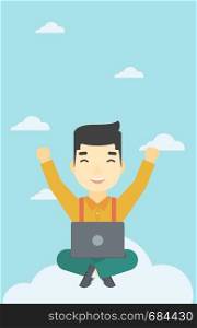 An asian happy man with raised hands sitting on a cloud with a laptop. Vector flat design illustration. Vertical layout.. Man on cloud with laptop vector illustration.