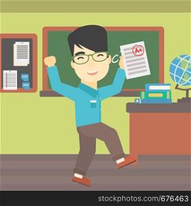 An asian happy student holding a sheet with the highest mark. Student showing test with A grade in the classroom. Student received best mark. Vector flat design illustration. Square layout.. Student holding test paper with best result.