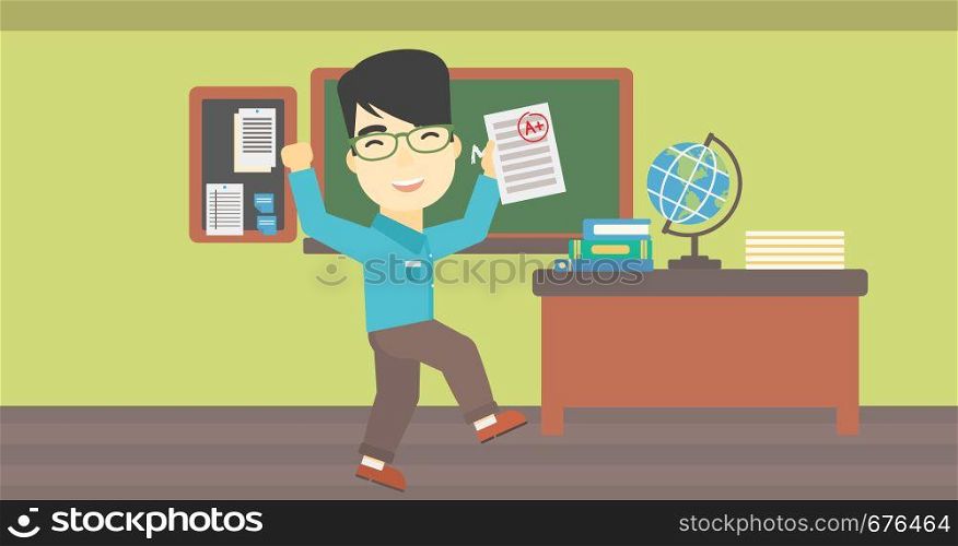 An asian happy student holding a sheet with the highest mark. Student showing test with A grade in the classroom. Student received best mark. Vector flat design illustration. Horizontal layout.. Student holding test paper with best result.