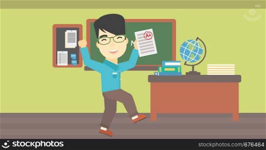 An asian happy student holding a sheet with the highest mark. Student showing test with A grade in the classroom. Student received best mark. Vector flat design illustration. Horizontal layout.. Student holding test paper with best result.