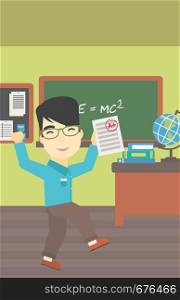 An asian happy student holding a sheet with the highest mark. Student showing test with A grade in the classroom. Student received best mark. Vector flat design illustration. Vertical layout.. Student holding test paper with best result.