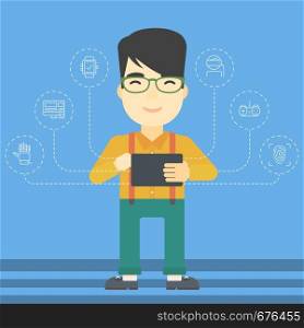 An asian happy student holding tablet computer. Young man working on tablet computer and some icons connected to the device on a light blue background. Vector flat design illustration. Square layout.. Student working on tablet computer.