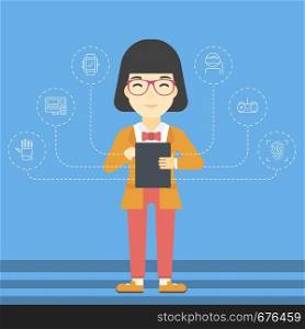 An asian happy student holding tablet computer. Young woman working on tablet computer and some icons connected to the device on light blue background. Vector flat design illustration. Square layout.. Student working on tablet computer.