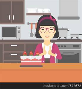 An asian happy woman looking with passion at a big cake. An excited woman standing in front of cake in the kitchen. Woman craving delicious cake. Vector flat design illustration. Square layout.. Woman looking at cake with temptation.