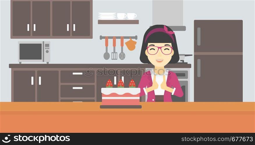 An asian happy woman looking with passion at a big cake. An excited woman standing in front of cake in the kitchen. Woman craving delicious cake. Vector flat design illustration. Horizontal layout.. Woman looking at cake with temptation.