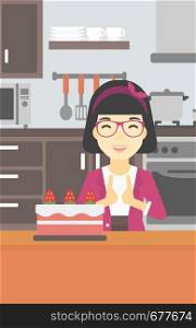 An asian happy woman looking with passion at a big cake. An excited woman standing in front of cake in the kitchen. Woman craving delicious cake. Vector flat design illustration. Vertical layout.. Woman looking at cake with temptation.