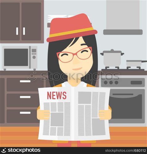 An asian happy woman reading the newspaper. Young smiling woman reading good news. Woman with newspaper in hands on the background of kitchen. Vector flat design illustration. Square layout.. Woman reading newspaper vector illustration.